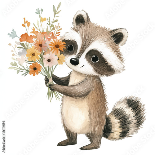 Adorable Raccoon Holding a Colorful Flower Bouquet