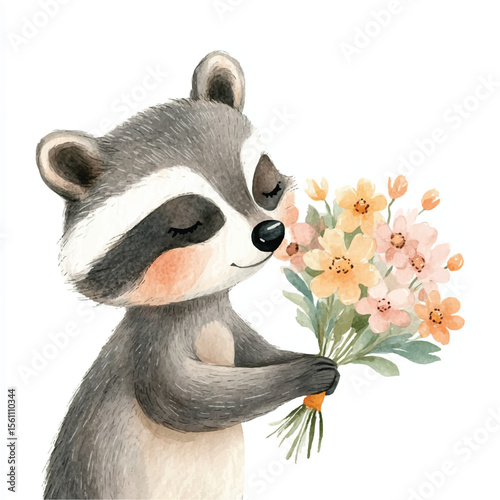 Adorable Raccoon Holding a Delicate Bouquet of Flowers
