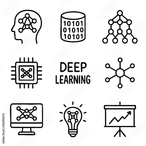 A set of doodle line icons featuring deep learning, neural networks, artificial intelligence, data processing, and innovation concepts