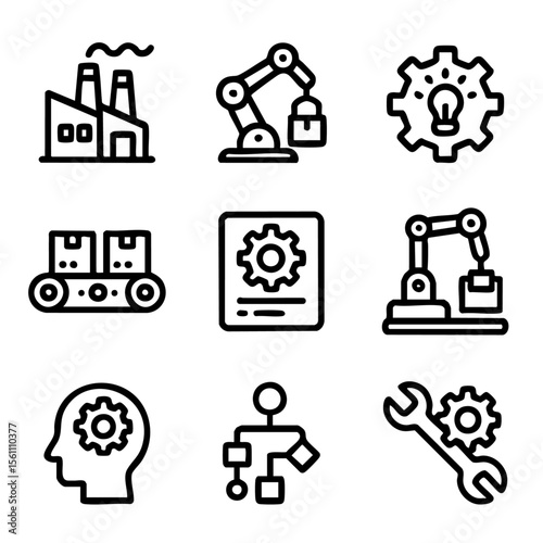 A set of doodle line icons representing industrial automation, robotics, production lines, manufacturing processes, and smart factory systems