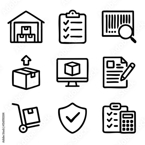 A set of doodle line icons focused on inventory management, including warehousing, shipping, tracking, auditing, security, and logistics systems