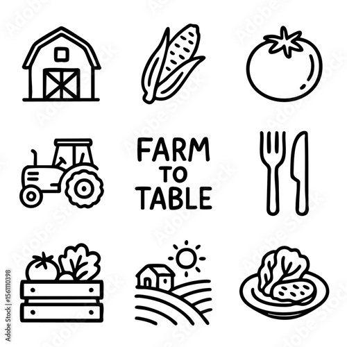 A set of doodle line icons illustrating farm to table themes including fresh produce, agriculture, farming tools, and organic meals