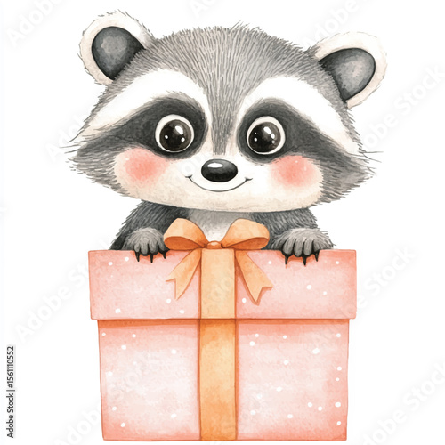 Adorable Raccoon Holding a Gift Box with a Tender Expression