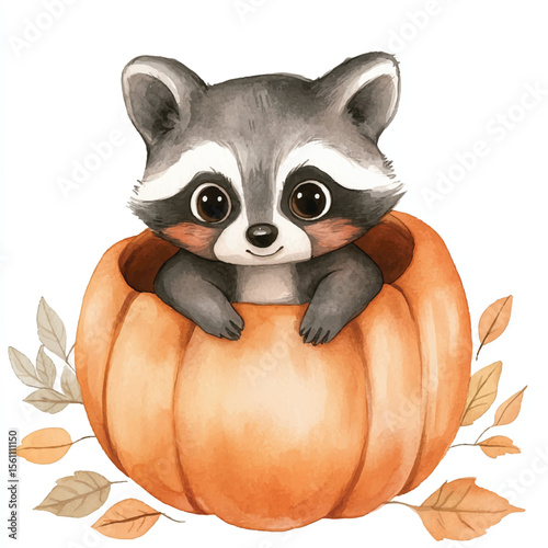 Adorable Raccoon in a Pumpkin with Autumn Leaves Watercolor Illustration