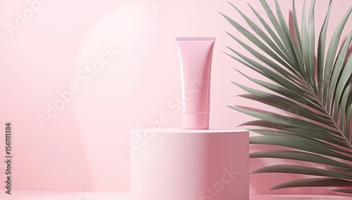 Wallpaper Mural Pink cosmetic tube on a pedestal with palm leaf Torontodigital.ca