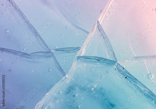 Abstract image of cracked ice with water droplets, showcasing a cool blue and pink color palette