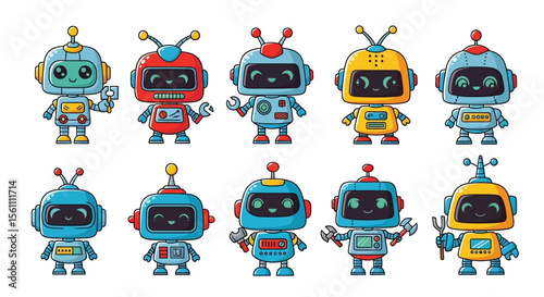 Cute Cartoon Robot Characters Set