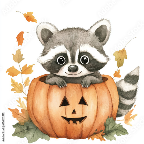 Adorable Raccoon Peeking Out of a Carved Pumpkin Surrounded by Autumn Leaves