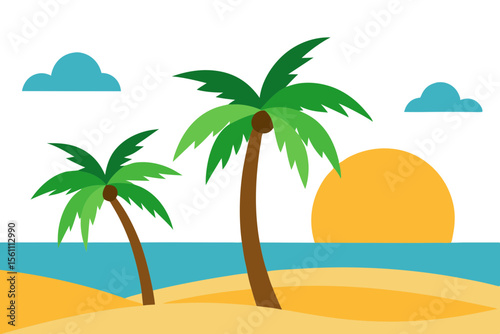 Cartoonish palm trees on a bright sandy beach vector illustration
