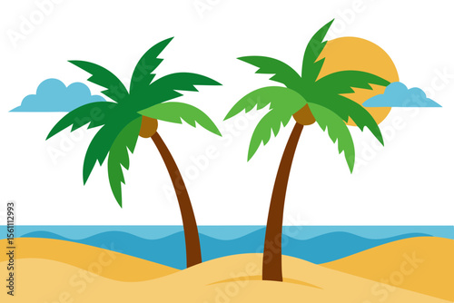 Cartoonish palm trees on a bright sandy beach vector illustration