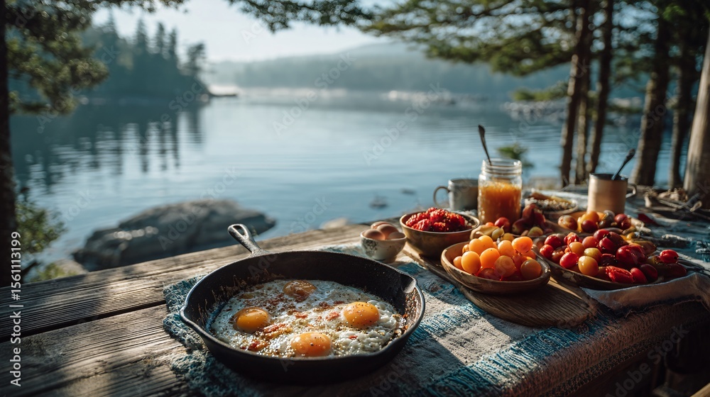 Scenic Breakfast by the Lake with Fresh Ingredients and Nature Scenic Breakfast by the Lake with Fresh Ingredients and Nature