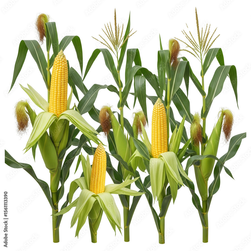 Obraz premium Closeup of Corn Plants with Ripe Yellow Ears Against Transparent Background