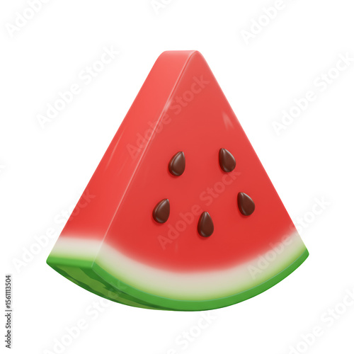 Vibrant red watermelon slice with dark seeds, green rind, and a 3D cartoonish style against a transparent background. The image is bright and cheerful, suggesting summer and refreshment.