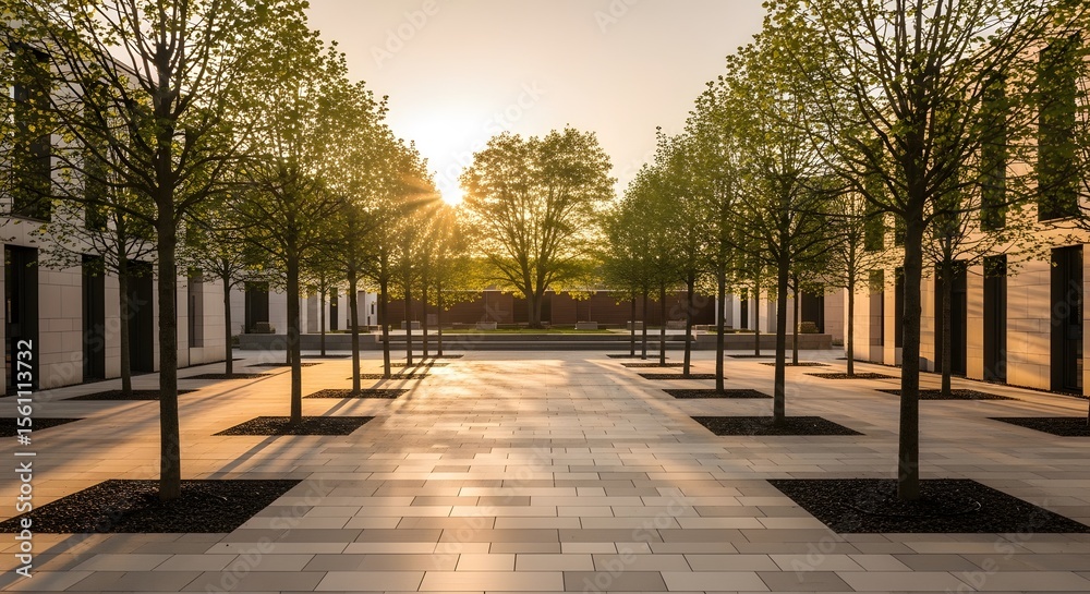 Fototapeta premium A symmetrical outdoor scene featuring rows of trees in a courtyard illuminated by warm sunset light with a bright sun in the center, creating long shadows.