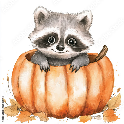 Adorable Raccoon Peeking Out of a Watercolor Pumpkin with Autumn Leaves