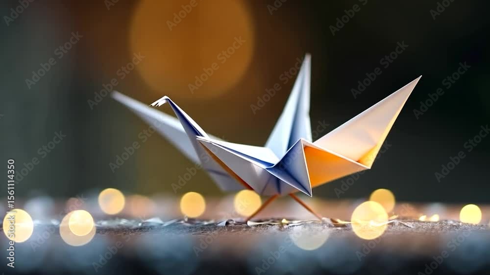 Close-up view of a folded paper bird illuminated with soft focus bokeh lights in a blurred background. The origami bird features blue and orange paper with shallow depth of field