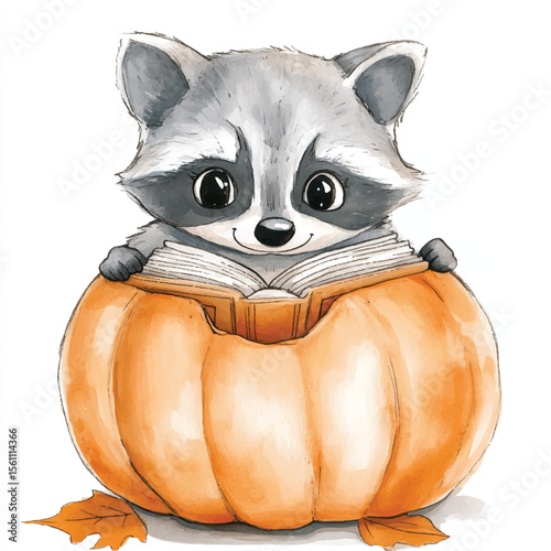 Adorable Raccoon Reading a Book Inside a Pumpkin with Autumn Leaves