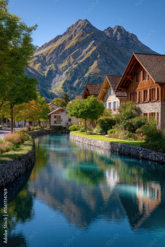 Fototapeta premium Scenic mountain village with traditional wooden houses beside clear river and lush greenery with towe rocky peaks under blue sky