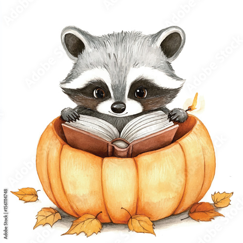 Adorable Raccoon Reading in a Pumpkin Autumnal Scene