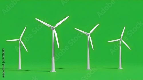 Four White Wind Turbines on a Vivid Green Background Symbolizing Renewable Energy and Sustainable Power Generation