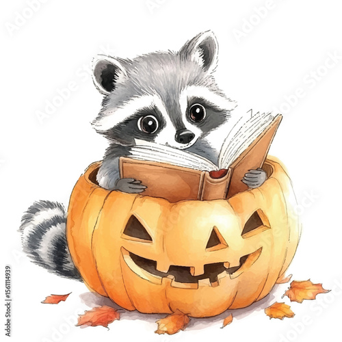 Adorable Raccoon Reading Inside a Carved Halloween Pumpkin with Autumn Leaves