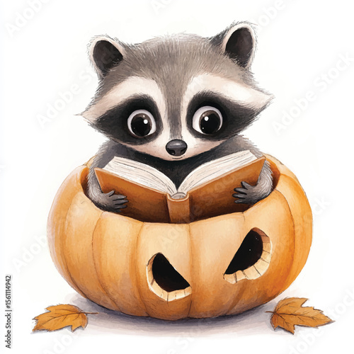 Adorable Raccoon Reading Inside a Carved Halloween Pumpkin with Autumnal Leaves