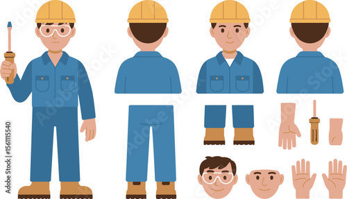 Illustration of a construction worker character in various poses with separate body parts


