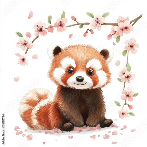 Adorable Red Panda Cub Amidst Delicate Cherry Blossoms