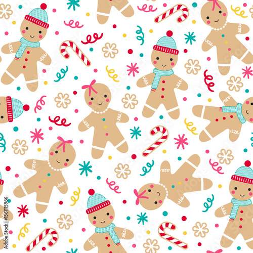 Christmas Cute Gingerbread with Candy cane Seamless Pattern- Christmas Gingerbread Vector Illustration