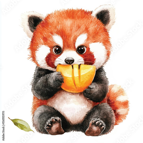 Adorable Red Panda Cub Eating a Mango Slice