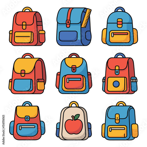 Set of school bag icons in flat colorful vector style

