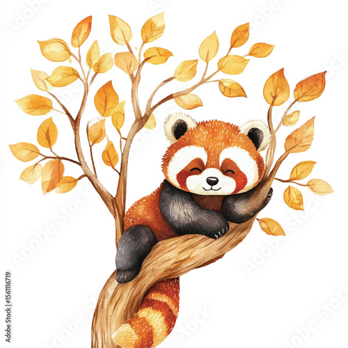 Adorable Red Panda Napping on Autumn Branch