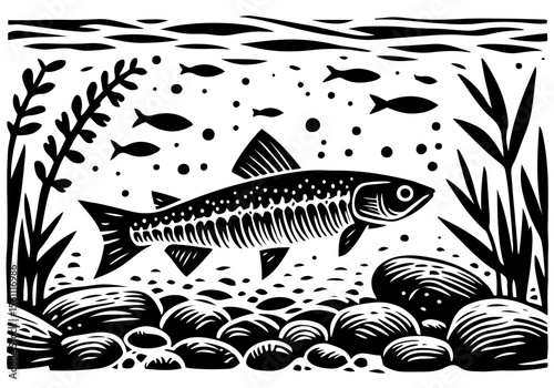 Minnow Fish Simple Hand Drawn Natural Illustration Stylized as Linocut Vector Isolated by AZ for Books, Arts, Design and Decoration Graphic Asset