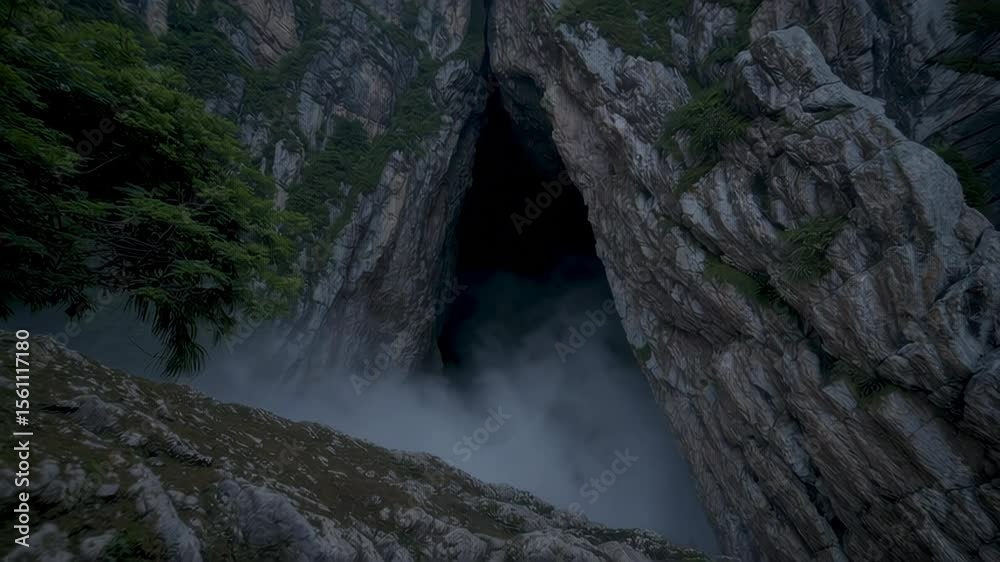 Fog escaping from a dark triangular cave entrance in the mountain Fog escaping from a dark triangular cave entrance in the mountain