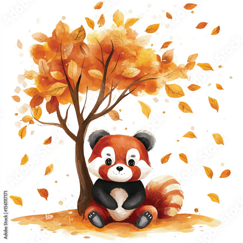 Adorable Red Panda Under Autumn Tree with Falling Leaves Watercolor Illustration