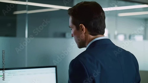 A man in his mid-30s wearing a dark blue suit stands with his arms akimbo, staring tensely at a large monitor in a corporate office, reflects decision-making tension