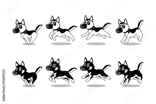 Vector cartoon character german shepherd dog running step black and white colors