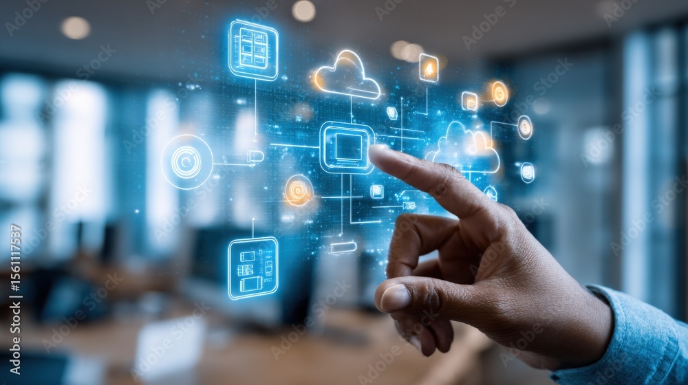 Modern Technology Concept with Cloud Computing Data Storage Digital Network Interface Interface with Digital Icons and Hand Touching Screen Modern Technology Concept with Cloud Computing Data Storage Digital Network Interface Interface with Digital Icons and Hand Touching Screen