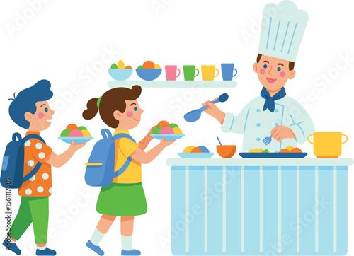Cartoon illustration of school children receiving food from a chef in a cafeteria setting scene




