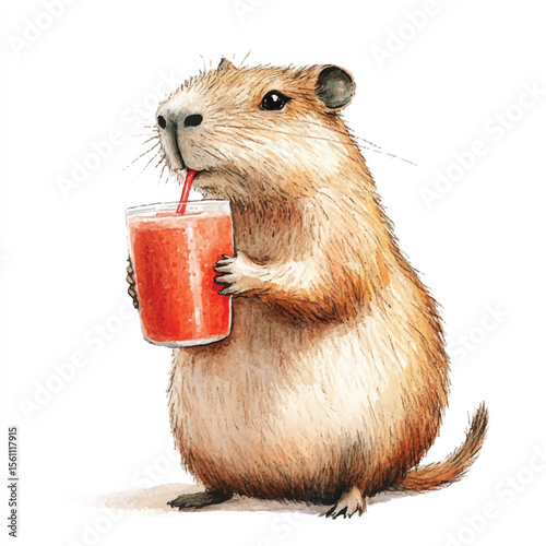 Adorable Rodent Enjoying a Refreshing Drink with a Straw Watercolor Illustration