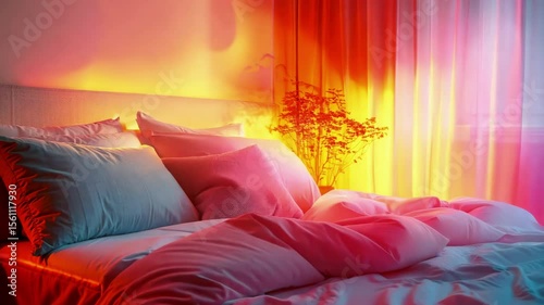 A cozy bedroom featuring soft textiles and colorful lighting, creating a warm ambiance. Decorative plants enhance the inviting atmosphere, perfect for relaxation.