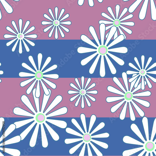 White daisy flowers on striped pink blue background