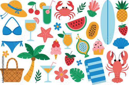 A colorful summer themed flat lay illustration featuring beach and vacation related items


