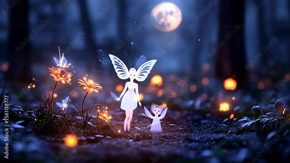 Animated forest scene with glowing fairies and whimsical creatures under a full moon with bokeh effect and soft lighting