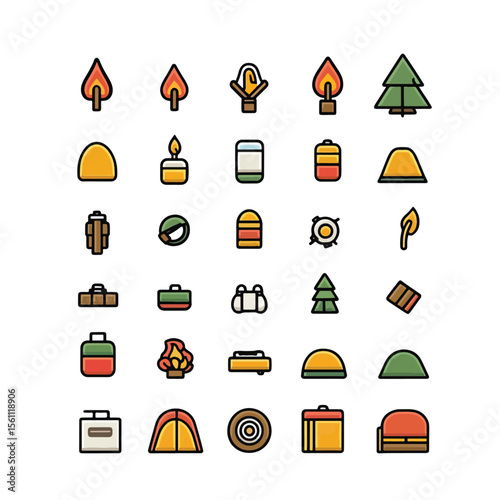 2D Flat icon Camping & Outdoor Equipment Icons isolated in White Background