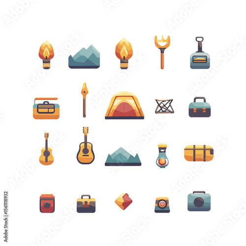 2D Flat icon Camping & Outdoor Equipment Icons isolated in White Background