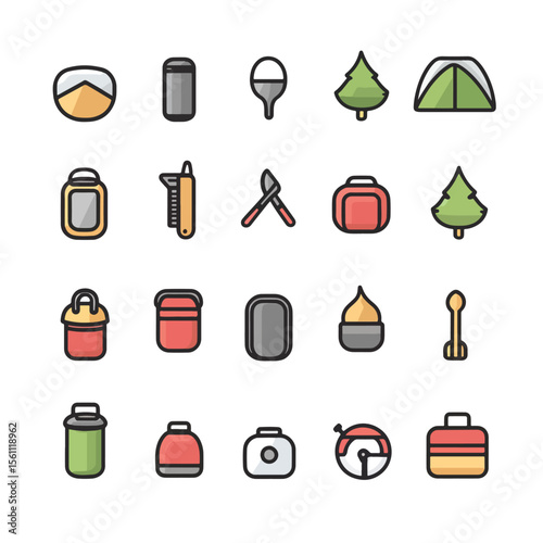 2D Flat icon Camping & Outdoor Equipment Icons isolated in White Background