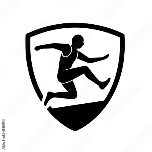 Jumping athlete inside shield icon on transparent background representing long jump high jump sports logo and athletic performance
