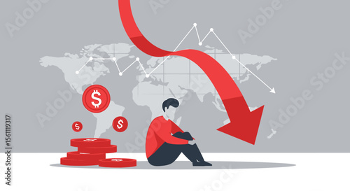 Economic Downturn Depicted with Red Arrow, Coins, and Person