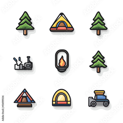 2D Flat icon Camping & Outdoor Equipment Icons isolated in White Background